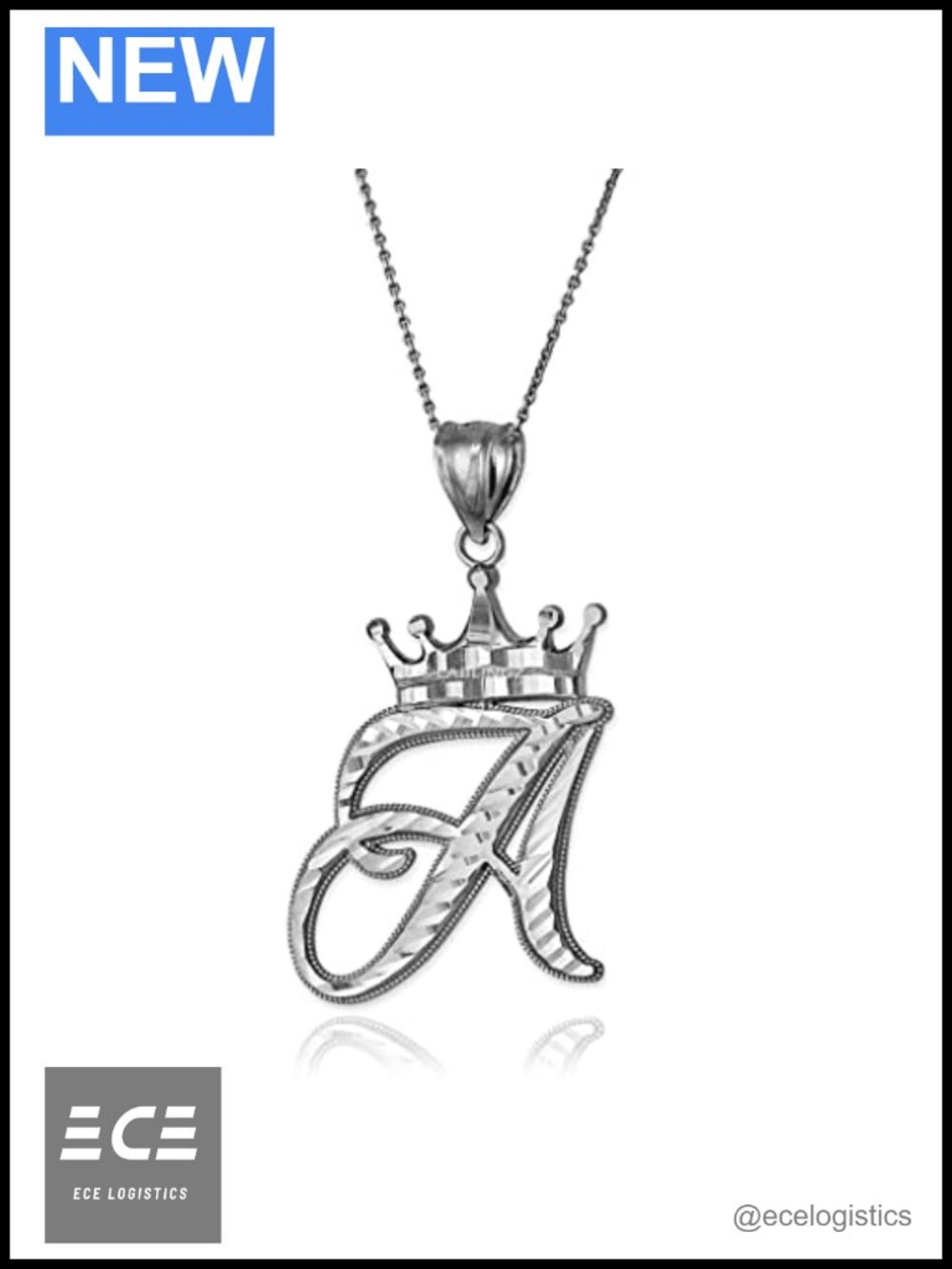 Sterling Silver Letter A Initial Cursive Crown Pendant Necklace 18"